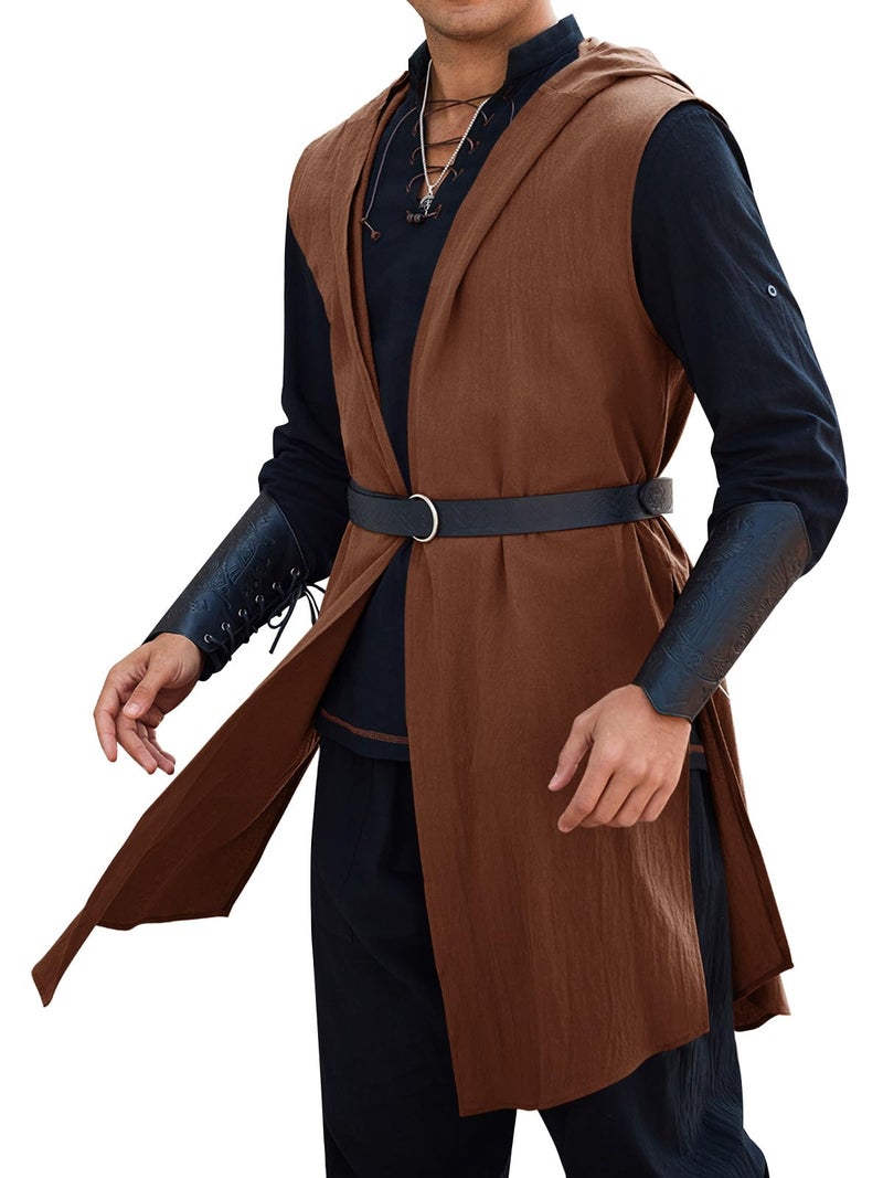 Runcati Mens Renaissance Costume Hooded Surcoat Medieval Knight Sleeveless Tunic Tops Tabard Viking Holloween Cloak - Image 1