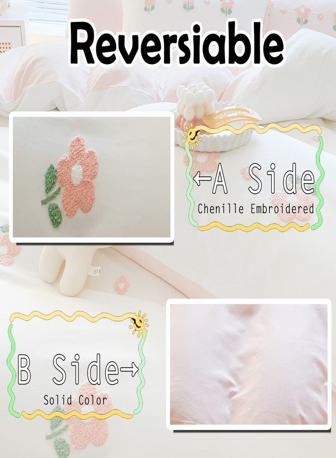 MorroMorn Cotton Duvet Cover Queen Size, 3D Embroidery Floral Bedding Sets, Fluffy Chenille Embroidered Comforter Covers Breathable Sweat-Absorbent for Girls Kids Teen (Flowers White, Full/Queen) - Image 5