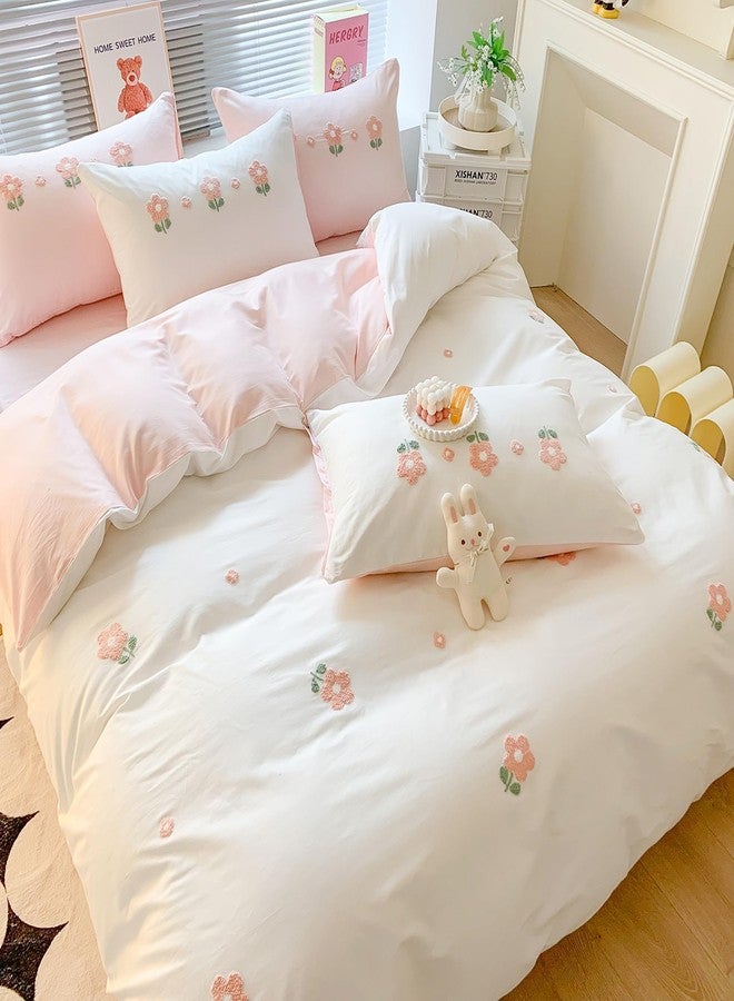 MorroMorn Cotton Duvet Cover Queen Size, 3D Embroidery Floral Bedding Sets, Fluffy Chenille Embroidered Comforter Covers Breathable Sweat-Absorbent for Girls Kids Teen (Flowers White, Full/Queen) - Image 1