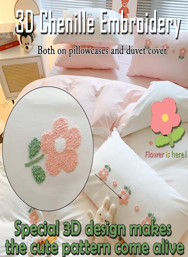 MorroMorn Cotton Duvet Cover Queen Size, 3D Embroidery Floral Bedding Sets, Fluffy Chenille Embroidered Comforter Covers Breathable Sweat-Absorbent for Girls Kids Teen (Flowers White, Full/Queen) - Image 3