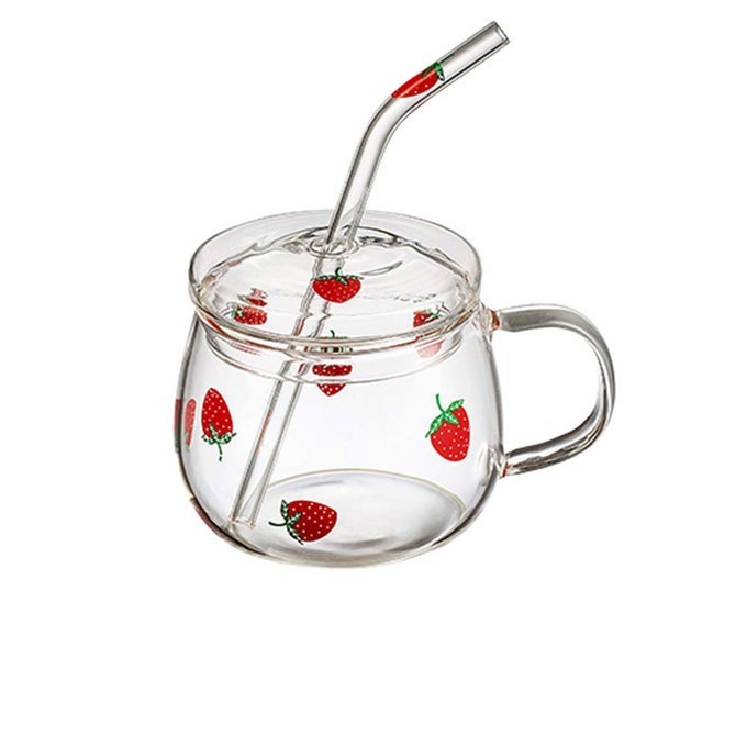 10 OZ LOVELY STRAWBERRY CLEAR GLASS MUG WITH LID AND STRAW