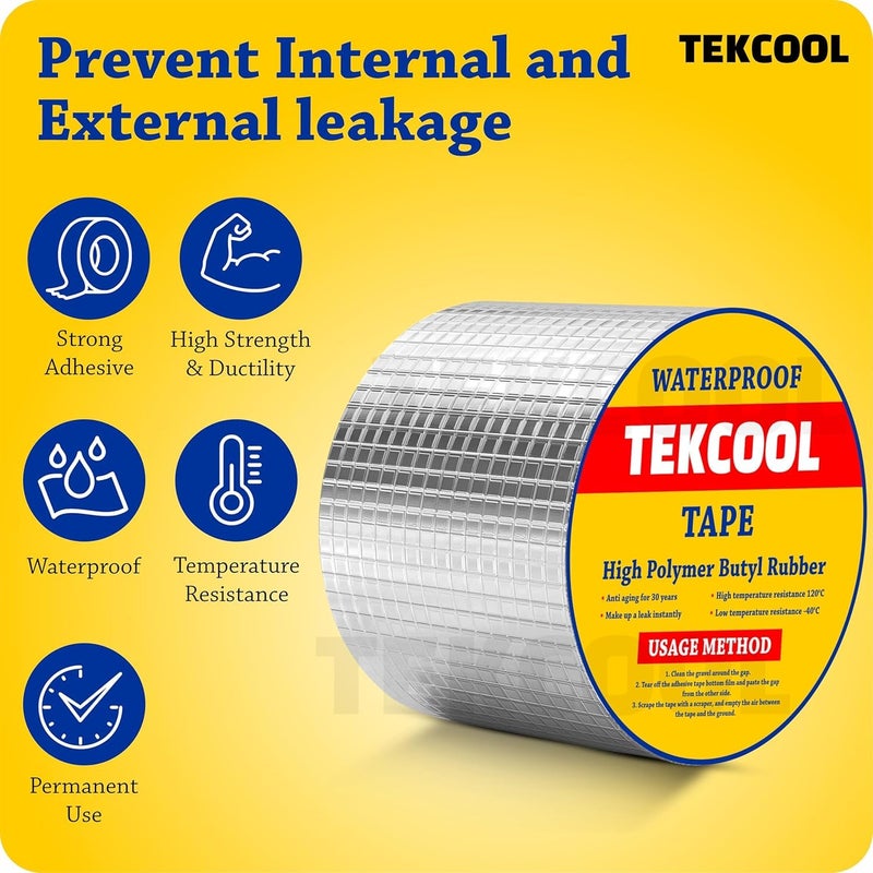 TEKCOOL شريط لاصق قوي للغاية مقاوم للماء للإصلاح الدائم من الألومنيوم وبيوتيل مطاطي مناسب لتسرب السقف، شقوق السطح، فجوات حواف النوافذ، ختم القوارب، تجديد المنازل (10CM*5M (عبوة من 1)). - Image 3