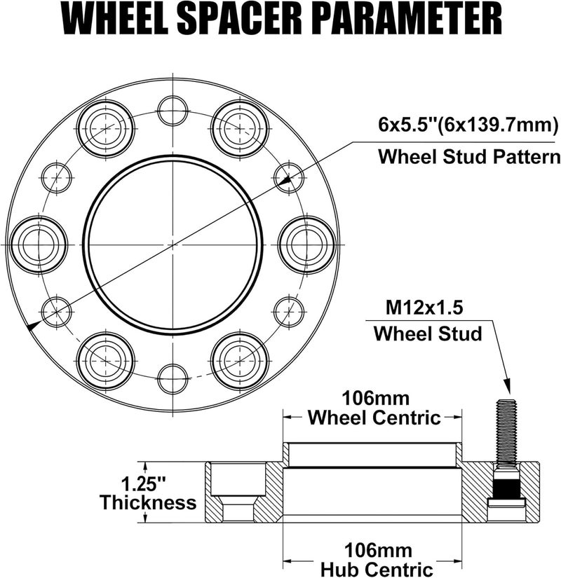 FLYCLE 6x5.5 Hubcentric Wheel Spacers 1.25 Inch for 1995-2023 Tacoma 4Runner with Extend Lug Nuts, 6x139.7mm Forged Wheel Spacer with 106mm Bore 12x1.5 Studs for Tundra FJ Cruise Fortuner Sequoia GX460 GX470 - Image 2