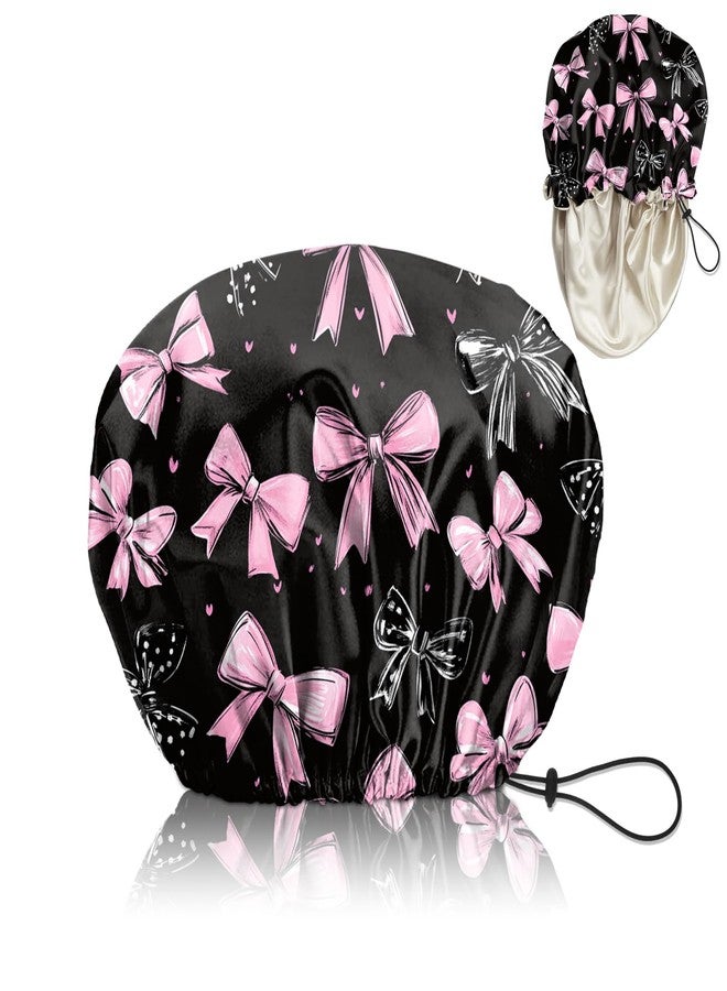 Cabreche Luxury Shower Cap Satin Silk Lined Adjustable Elastic Reusable Waterproof Shower Bath Cap Cute for Women Girls-Black Pink Bowknot - Image 1