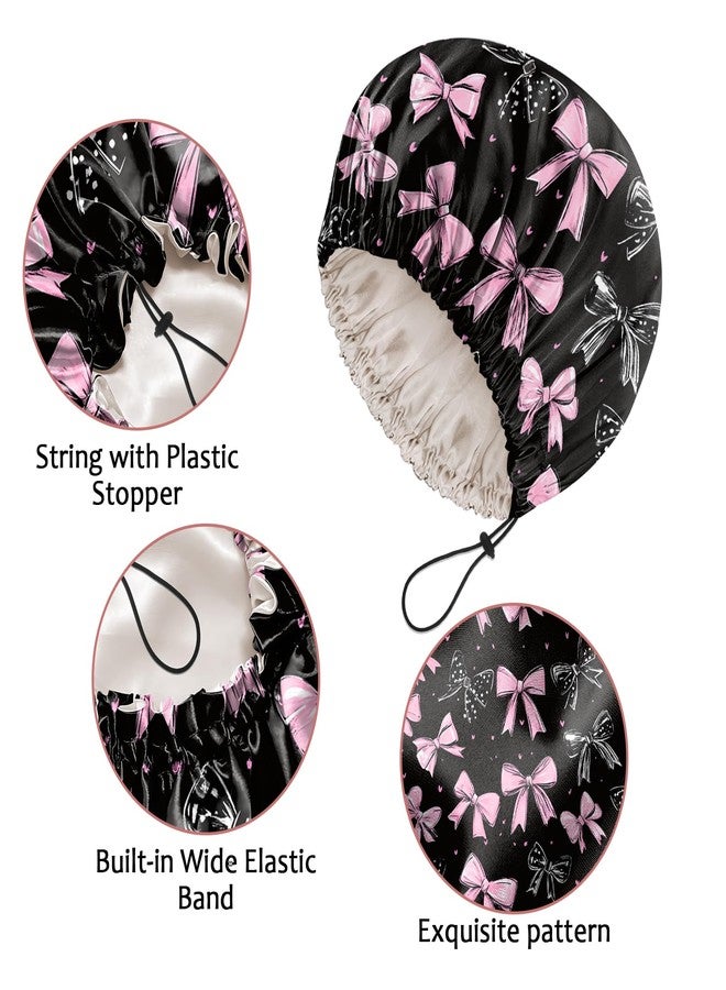 Cabreche Luxury Shower Cap Satin Silk Lined Adjustable Elastic Reusable Waterproof Shower Bath Cap Cute for Women Girls-Black Pink Bowknot - Image 4