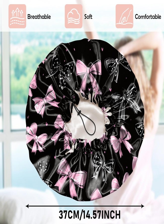 Cabreche Luxury Shower Cap Satin Silk Lined Adjustable Elastic Reusable Waterproof Shower Bath Cap Cute for Women Girls-Black Pink Bowknot - Image 2
