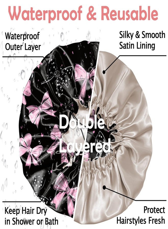 Cabreche Luxury Shower Cap Satin Silk Lined Adjustable Elastic Reusable Waterproof Shower Bath Cap Cute for Women Girls-Black Pink Bowknot - Image 3