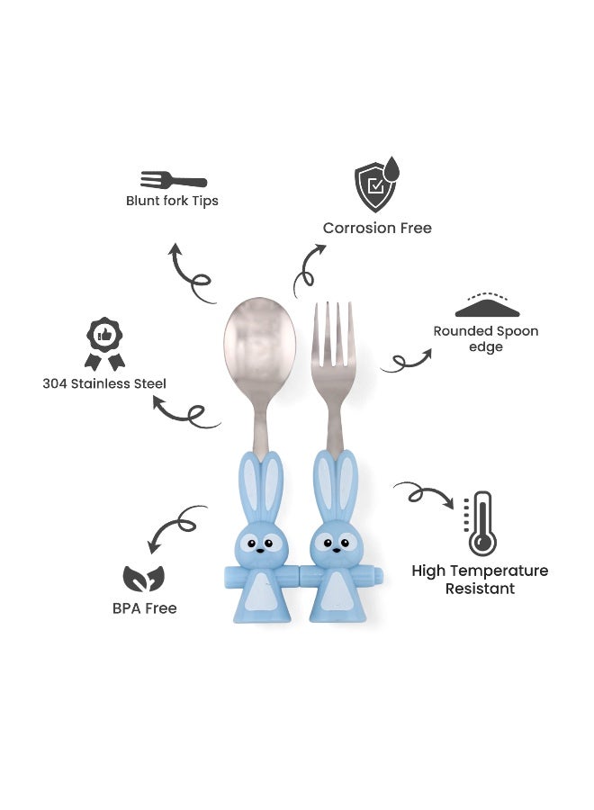 Brain Giggles BrainGiggles Bunny Shaped Stainless Steel Kids Cutlery Set, Rounded Edge Childrens Cutlery Flatware Set - Blue - Image 3