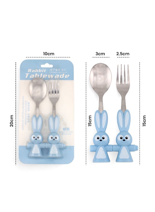 Brain Giggles BrainGiggles Bunny Shaped Stainless Steel Kids Cutlery Set, Rounded Edge Childrens Cutlery Flatware Set - Blue - Image 2