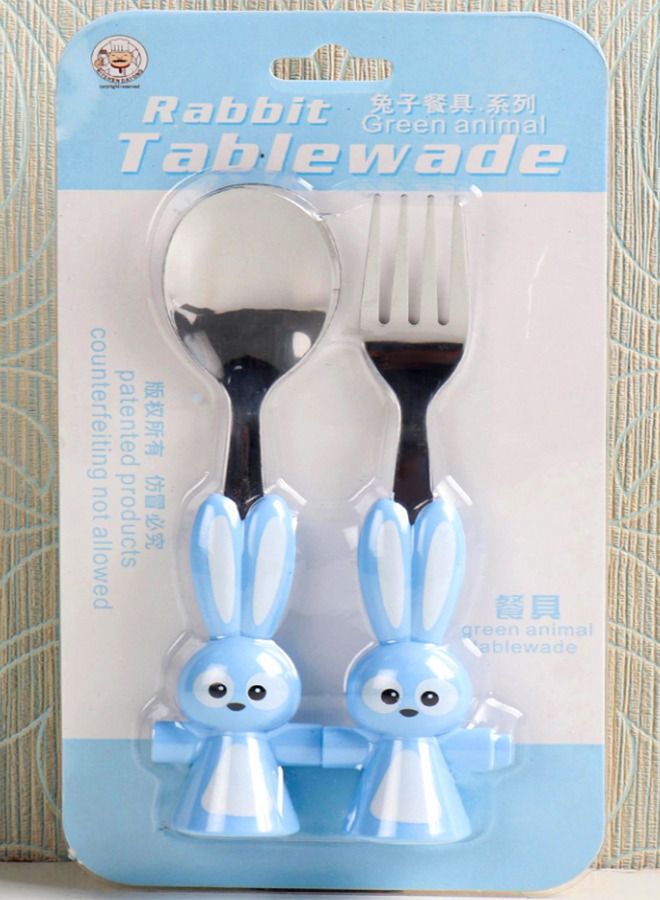 Brain Giggles BrainGiggles Bunny Shaped Stainless Steel Kids Cutlery Set, Rounded Edge Childrens Cutlery Flatware Set - Blue  - Image 4