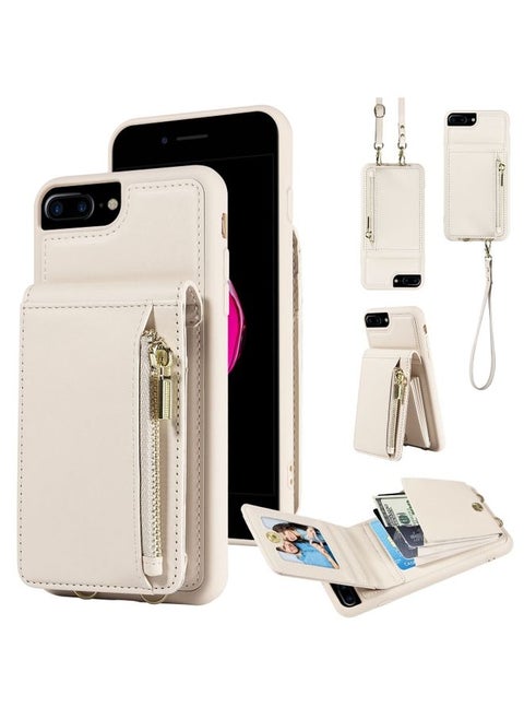 Case Cover For iPhone 7 Plus / 8 Plus Crossbody Lanyard Zipper Wallet Leather Phone Case Beige