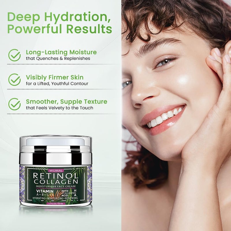 WUMAL Retinol Cream with Collagen & Hyaluronic Acid - Face Moisturizer for Women and Men - Reduces Wrinkles, Fine Lines and Dryness - 1.7 oz - Image 3