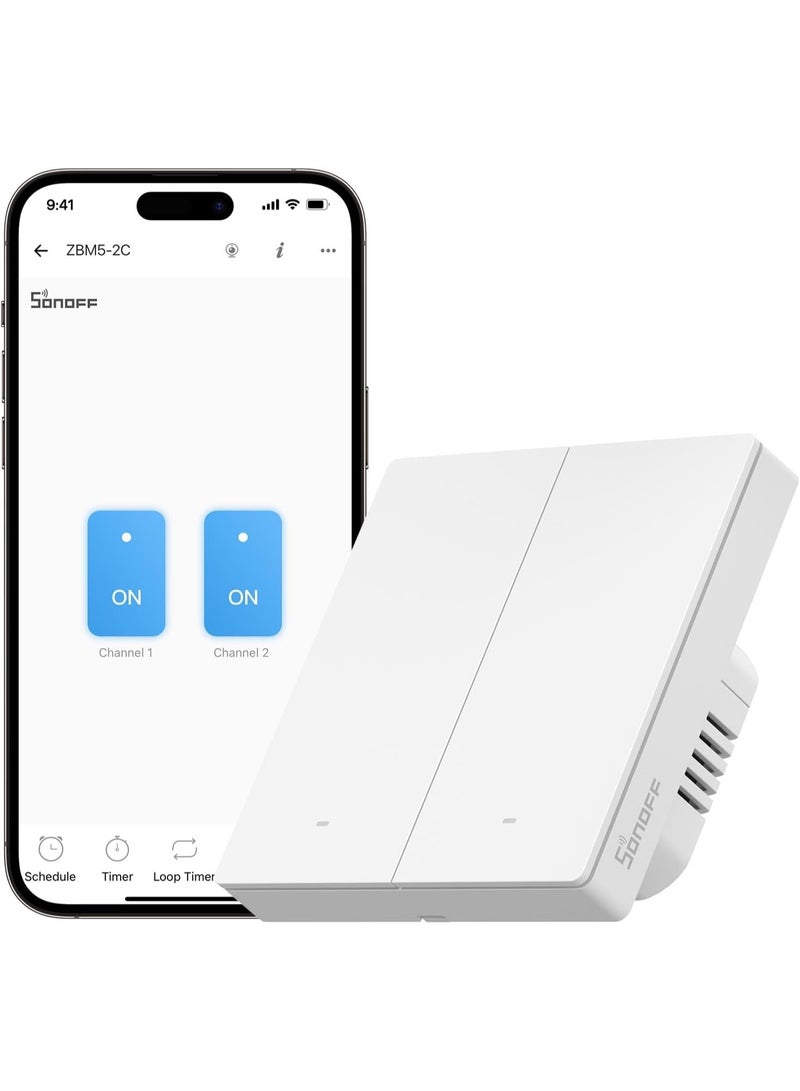 SONOFF SONOFF SwitchMan Zigbee Smart Wall Switch - Two Gang - Zigbee 3.0 - Neutral Optional - Two-Way Control - Smart Home Automation - Compatible with Home Assistant - MQTT - ZHA - Z2M - ZBM5-2C-86W - White - Image 1