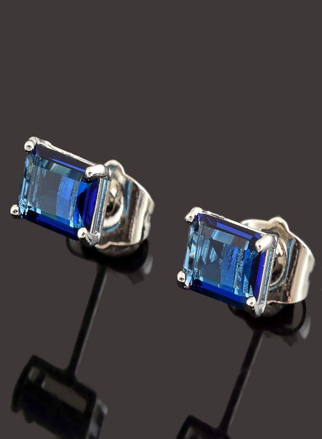 RIZILIA [RIZILIA CLASSIC] Stud Pierced Earrings with Emerald Cut Gemstones CZ [Blue Sapphire] in 18K White Gold Plated, Simple Modern Elegant - Image 4