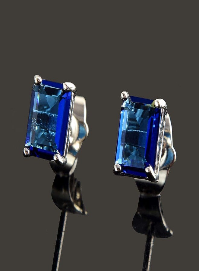 RIZILIA [RIZILIA CLASSIC] Stud Pierced Earrings with Emerald Cut Gemstones CZ [Blue Sapphire] in 18K White Gold Plated, Simple Modern Elegant - Image 5