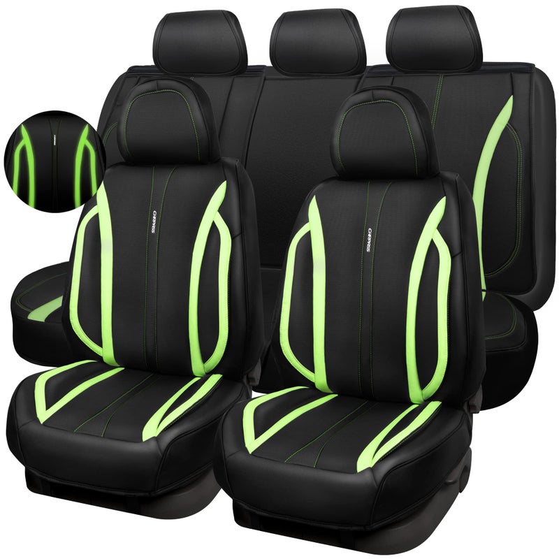 CAR PASS Fluorescent Green & Nappa Leather Seat Covers Full Set, with Backrest Cushion Protector Waist Protection Universal Fit for SUV Pick-up Truck, Automotive Vehicle Interior (Black Green) - Image 2