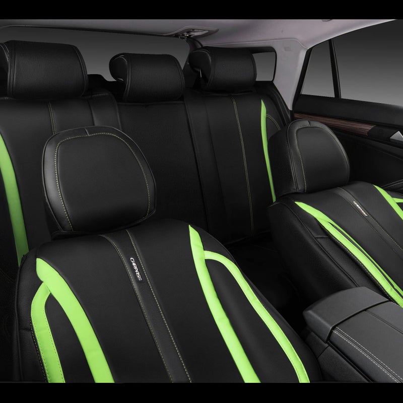 CAR PASS Fluorescent Green & Nappa Leather Seat Covers Full Set, with Backrest Cushion Protector Waist Protection Universal Fit for SUV Pick-up Truck, Automotive Vehicle Interior (Black Green) - Image 4