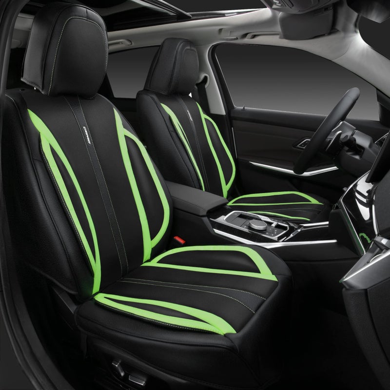 CAR PASS Fluorescent Green & Nappa Leather Seat Covers Full Set, with Backrest Cushion Protector Waist Protection Universal Fit for SUV Pick-up Truck, Automotive Vehicle Interior (Black Green) - Image 1