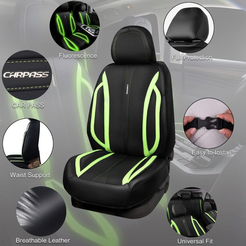 CAR PASS Fluorescent Green & Nappa Leather Seat Covers Full Set, with Backrest Cushion Protector Waist Protection Universal Fit for SUV Pick-up Truck, Automotive Vehicle Interior (Black Green) - Image 5