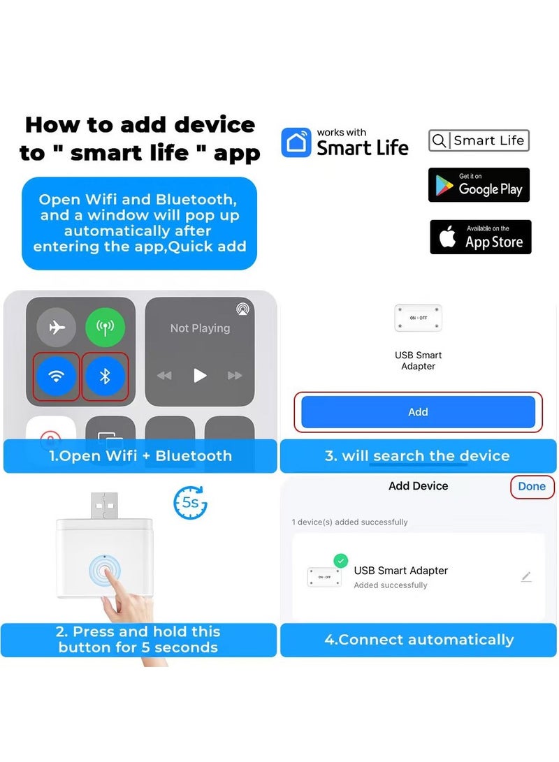 محول Wi-Fi Tuya USB الذكي 2 منفذين USB 5 فولت 2 أمبير، يدعم التحكم عن بُعد، التحكم الصوتي، الجدولة