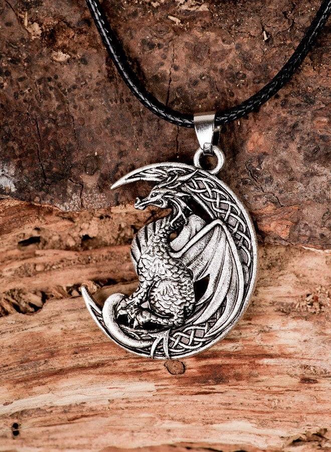 HAQUIL Dragon Necklace for Men, Celtic Dragon on Crescent Moon Pendant, Faux Leather Cord, Jewelry Gift - Image 2