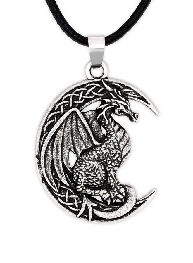 HAQUIL Dragon Necklace for Men, Celtic Dragon on Crescent Moon Pendant, Faux Leather Cord, Jewelry Gift - Image 1