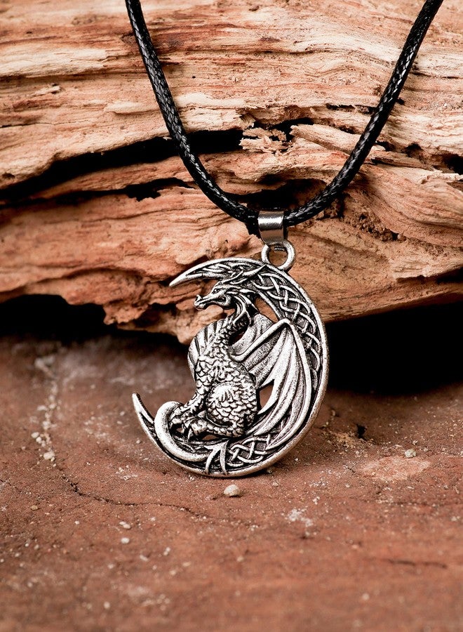 HAQUIL Dragon Necklace for Men, Celtic Dragon on Crescent Moon Pendant, Faux Leather Cord, Jewelry Gift - Image 3