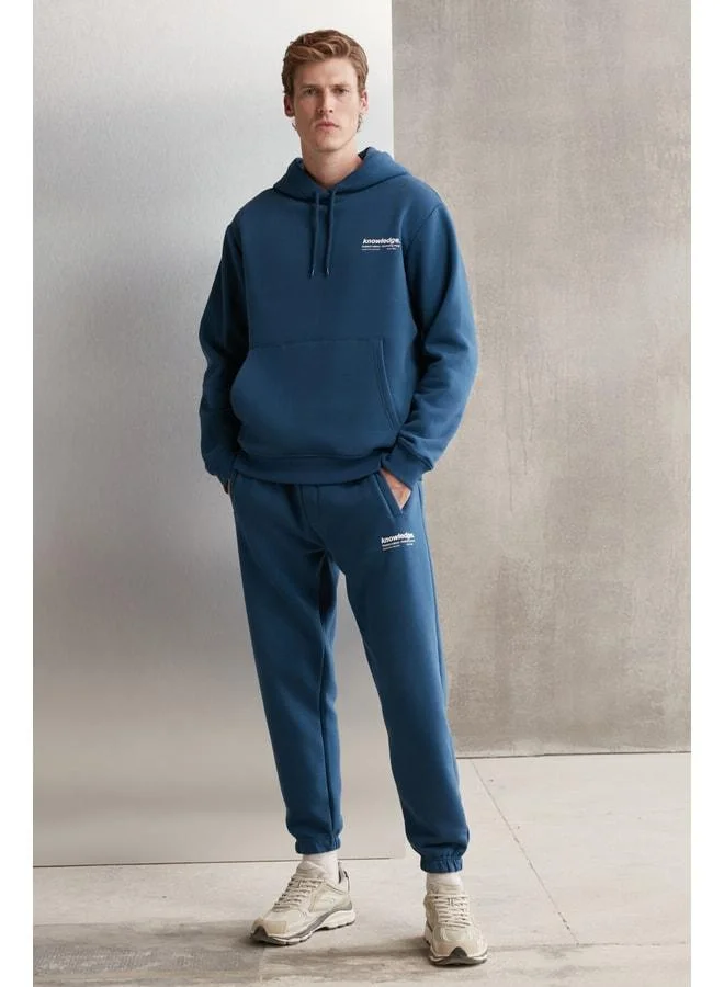 GRIMELANGE Martel Men's Ultra-Soft Fleece-Lined Printed Regular Ribbed Blue Sweatshirt.