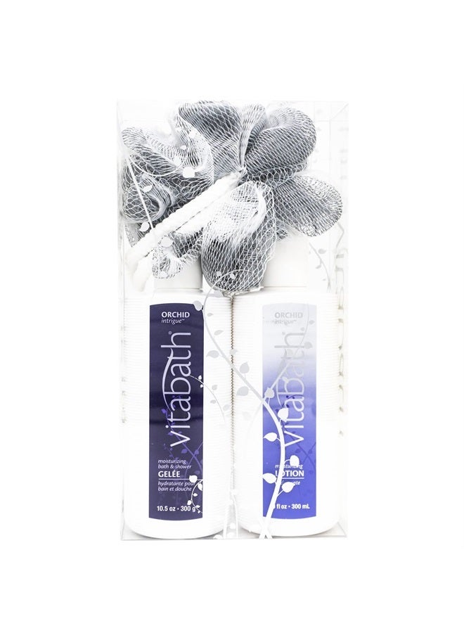 Vitabath Orchid Intrigue Everyday Skincare Set Moisturizing Shower Gel Wash, Reviving Lotion & Exfoliating Body Scrubber Pouf - Alluring Foam Cleanser & Dry Skin Hydration for Women & Men  - Image 1