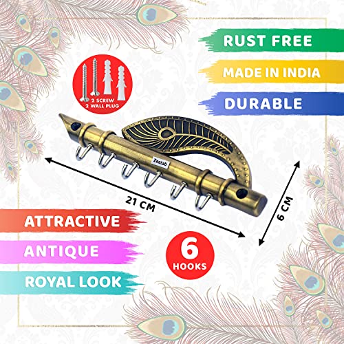 Zeetab Antique Lord Krishna Key Holder & Hanger, Flute Key Stand with Peacock Quills & Royal Art Brass 6 Hook Wall Mount, Home Decor Gift (Antique Brass) - Image 4