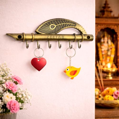 Zeetab Antique Lord Krishna Key Holder & Hanger, Flute Key Stand with Peacock Quills & Royal Art Brass 6 Hook Wall Mount, Home Decor Gift (Antique Brass) - Image 1