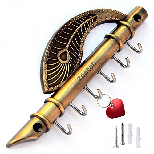 Zeetab Antique Lord Krishna Key Holder & Hanger, Flute Key Stand with Peacock Quills & Royal Art Brass 6 Hook Wall Mount, Home Decor Gift (Antique Brass) - Image 2