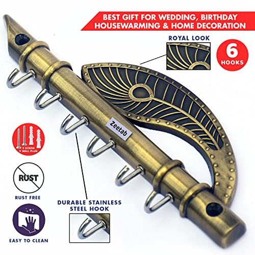 Zeetab Antique Lord Krishna Key Holder & Hanger, Flute Key Stand with Peacock Quills & Royal Art Brass 6 Hook Wall Mount, Home Decor Gift (Antique Brass) - Image 5