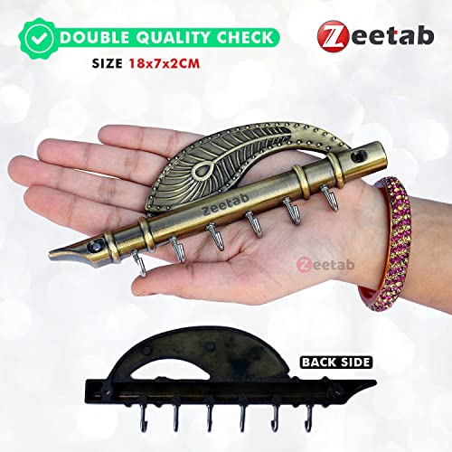 Zeetab Antique Lord Krishna Key Holder & Hanger, Flute Key Stand with Peacock Quills & Royal Art Brass 6 Hook Wall Mount, Home Decor Gift (Antique Brass) - Image 3