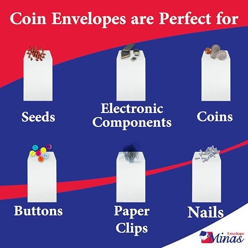 Minas Envelope 500 Minas Envelope #3 White Coin & Small Parts Envelopes, 2 1/2 x 4 1/4", 24lb. White, Gum Flap, 500/Box - Image 3