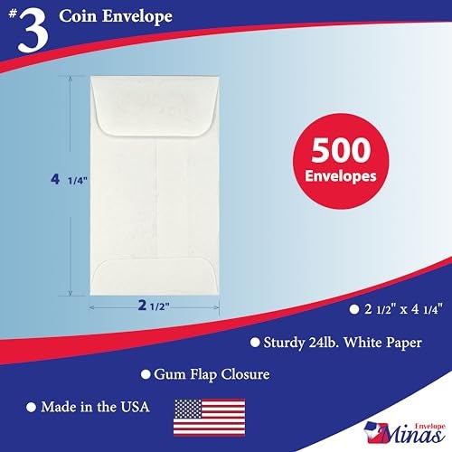 Minas Envelope 500 Minas Envelope #3 White Coin & Small Parts Envelopes, 2 1/2 x 4 1/4", 24lb. White, Gum Flap, 500/Box - Image 2