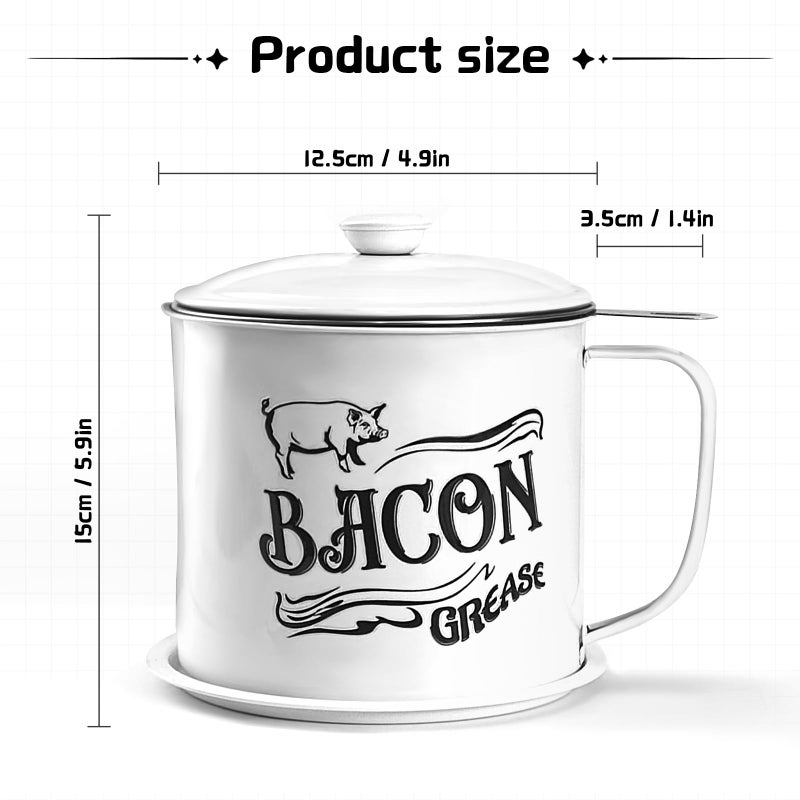 QMET 1.3L Bacon Grease Saver Container with Fine Mesh Strainer,Stainless Steel Oil Keeper Can for Bacon,46oz Large Rustic Farmhouse Fat Container, Keeper, Recipes, Dishwasher Safe (White) - Image 2