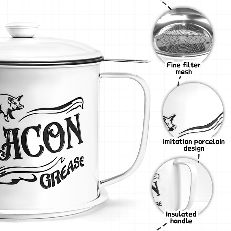 QMET 1.3L Bacon Grease Saver Container with Fine Mesh Strainer,Stainless Steel Oil Keeper Can for Bacon,46oz Large Rustic Farmhouse Fat Container, Keeper, Recipes, Dishwasher Safe (White) - Image 3