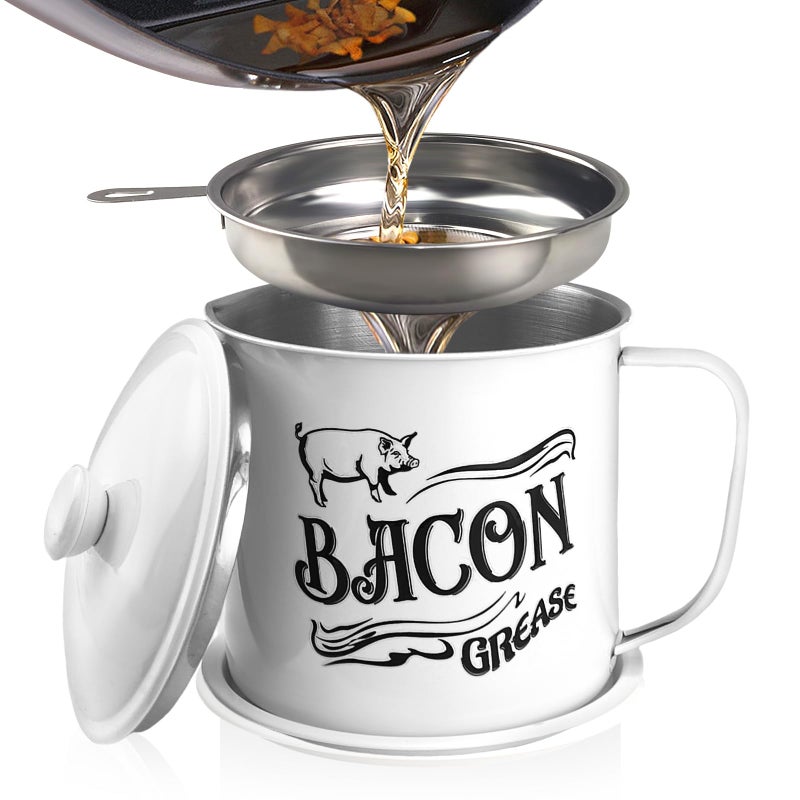 QMET 1.3L Bacon Grease Saver Container with Fine Mesh Strainer,Stainless Steel Oil Keeper Can for Bacon,46oz Large Rustic Farmhouse Fat Container, Keeper, Recipes, Dishwasher Safe (White) - Image 1