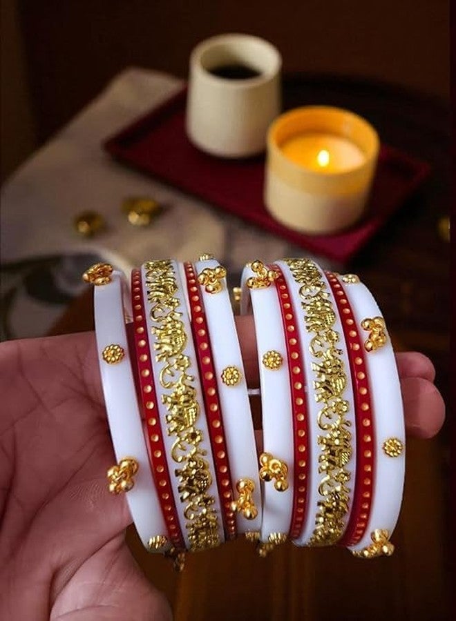 BANGLESKART بانغلسكارت، طقم أساور زفاف بنجابية تقليدية باللونين الأبيض والأحمر للنساء، مطلية بالذهب، بتصميم فيل وزهور، مجوهرات زفاف عرقية بيضاء - Image 4