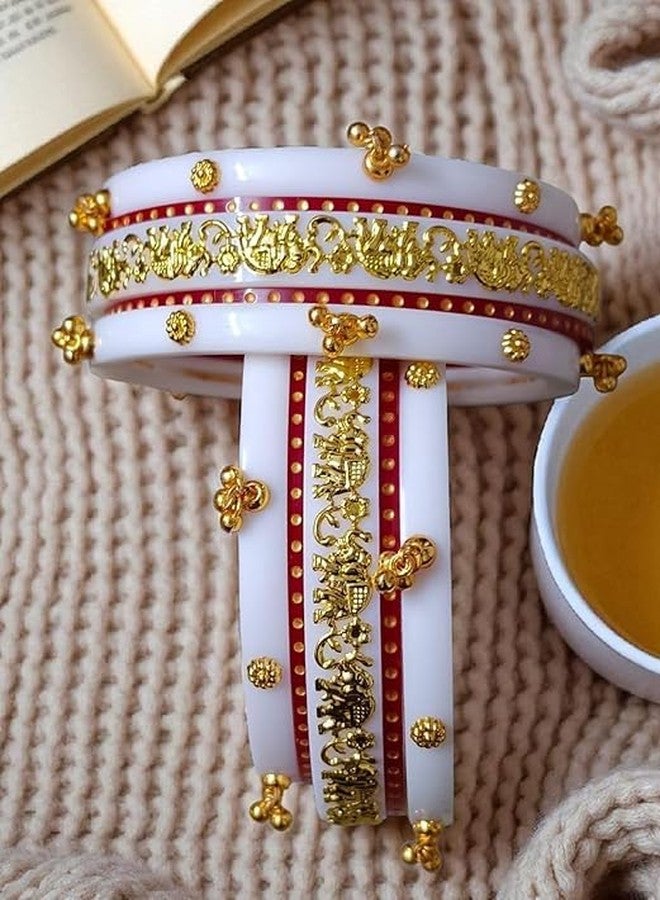 BANGLESKART بانغلسكارت، طقم أساور زفاف بنجابية تقليدية باللونين الأبيض والأحمر للنساء، مطلية بالذهب، بتصميم فيل وزهور، مجوهرات زفاف عرقية بيضاء - Image 3