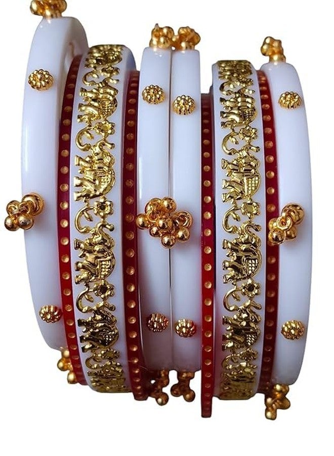 BANGLESKART بانغلسكارت، طقم أساور زفاف بنجابية تقليدية باللونين الأبيض والأحمر للنساء، مطلية بالذهب، بتصميم فيل وزهور، مجوهرات زفاف عرقية بيضاء - Image 2