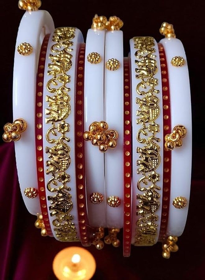 BANGLESKART بانغلسكارت، طقم أساور زفاف بنجابية تقليدية باللونين الأبيض والأحمر للنساء، مطلية بالذهب، بتصميم فيل وزهور، مجوهرات زفاف عرقية بيضاء - Image 5