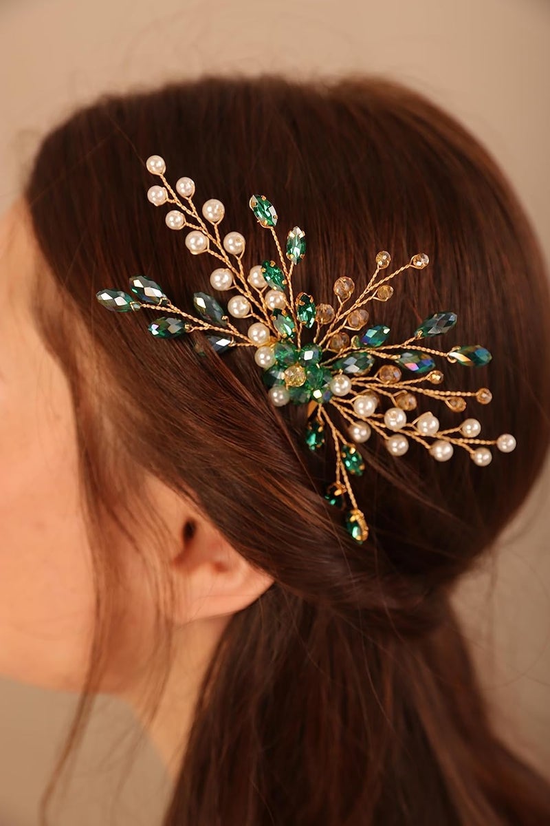 BERYUAN Green Crystal Beads Flower Hair Comb with Pearls and Rhinestones  Gold Wedding Head Piece Accessories for Bride Women and Girls
