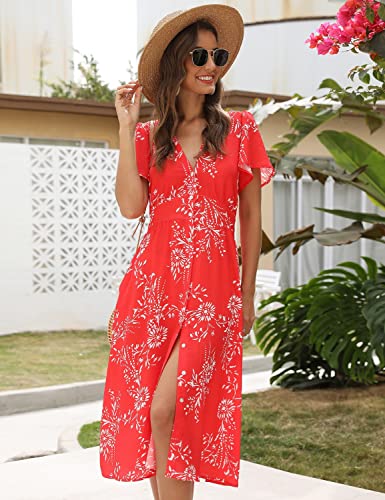 ROYLAMP Women's Floral Button Up Split Dress Deep V Short Bell Sleeve Casual Midi Dress with Pockets White Flowers Red L - Image 4