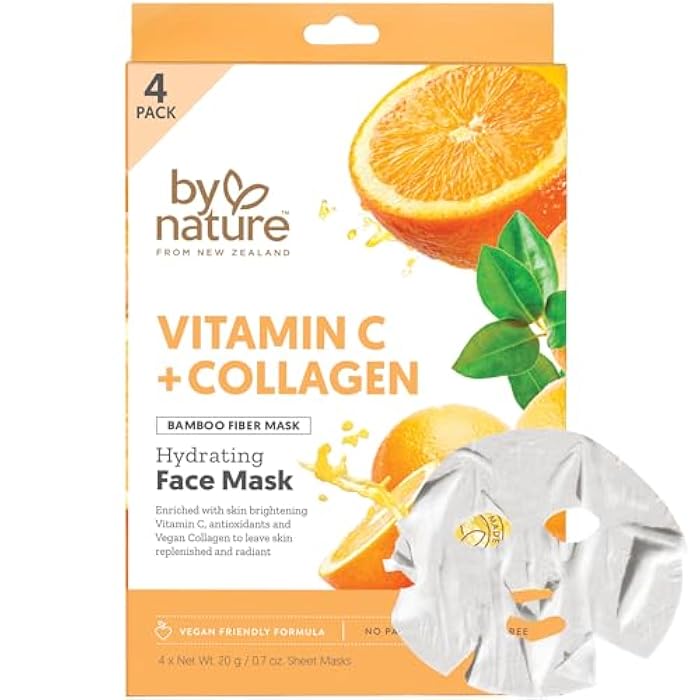 By Nature Hydrating Face Masks with Vitamin C + Collagen, Made From Bamboo Fiber from New Zealand (4 Pack) - Image 1