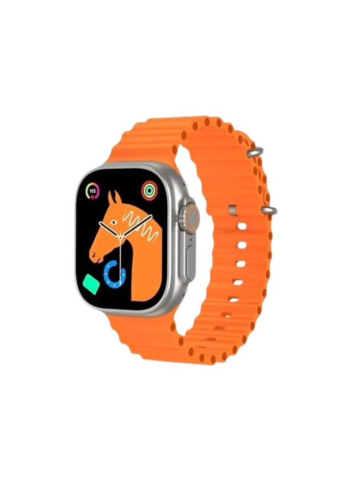 W&O The X8+ Ultra Watch smartwatch features a modern design. It includes a heart rate monitor. The watch measures 49 mm, similar to the original watch. It supports all languages, including Arabic and English. It works with all phones. Connectivity technology: Bluetooth. Screen size: 2.1 inches. The watch body color is silver with an orange strap. - Image 1