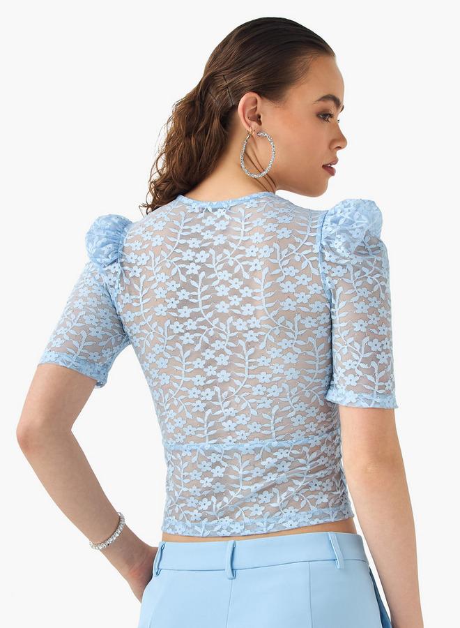 2Xtremz Flower Lace Sheer Top with Button Closure and Puff Sleeves - Image 3