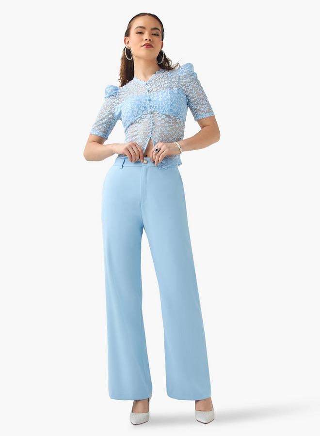 2Xtremz Flower Lace Sheer Top with Button Closure and Puff Sleeves - Image 2