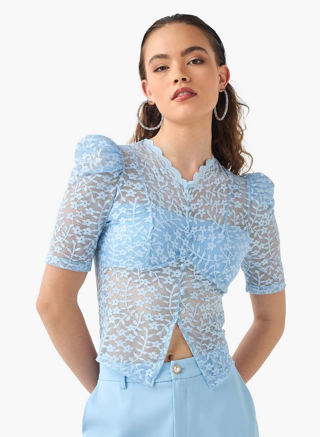 2Xtremz Flower Lace Sheer Top with Button Closure and Puff Sleeves - Image 1